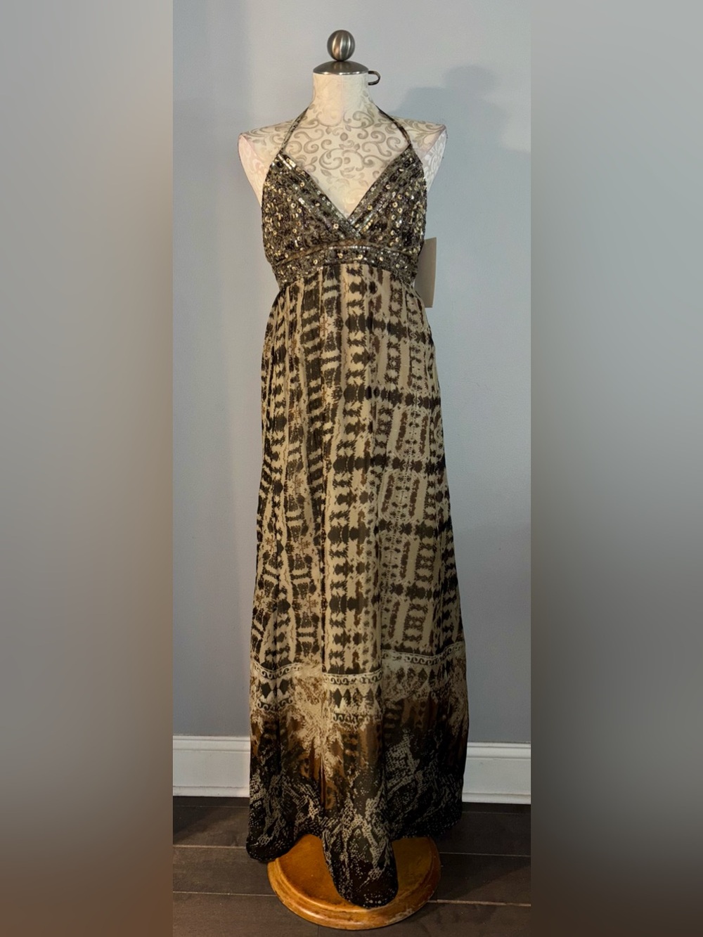 🆕 Boston Proper Beaded Halter Maxi in Cream & Brown